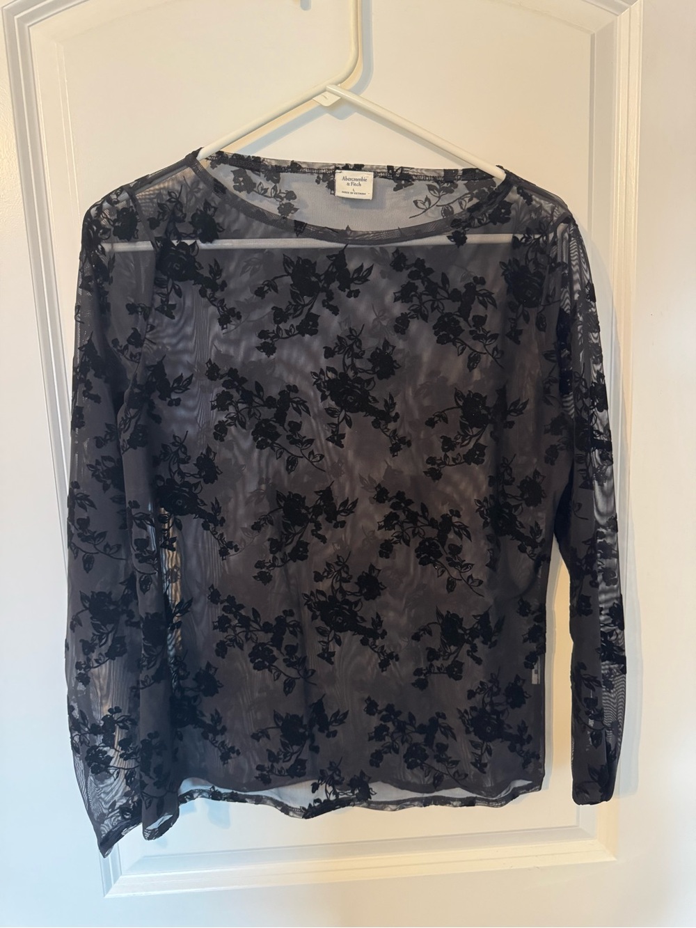 Abercrombie & Fitch Black Floral Flocked Sheer Mesh Long Sleeve Top
